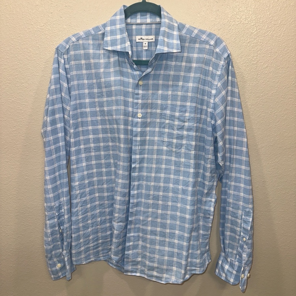 Peter Millar Linen Blue Checkered Men's Shirt